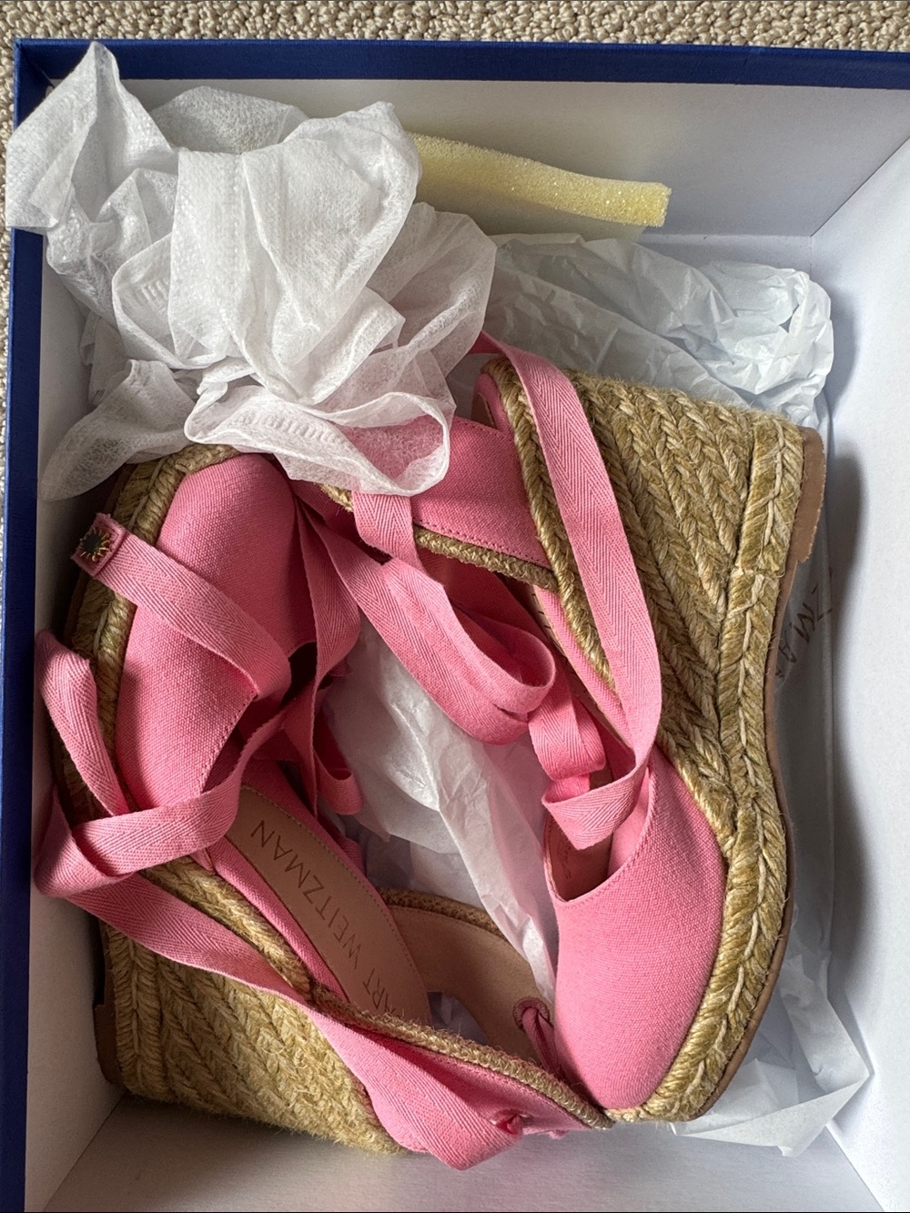 Stuart Weitzman Pink Canvas Espadrille Wedge Sandals with Ankle Wrap